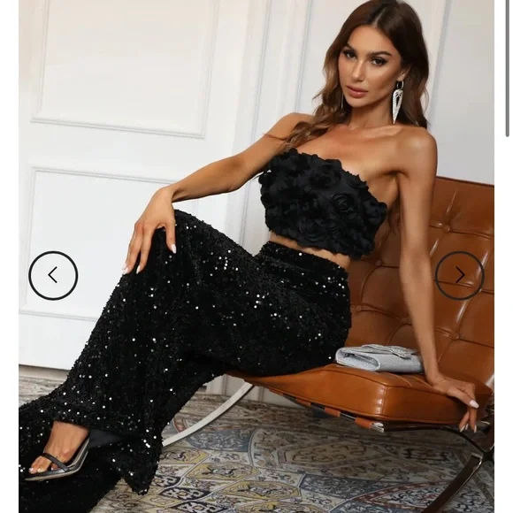 NWT Faeriesty Black Sequin Rose Tube Top Jumpsuit - Picture 3 of 13